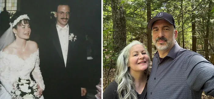 Then-and-now photo of a couple at their wedding and years later outdoors, showing how time flies and nostalgic memories.