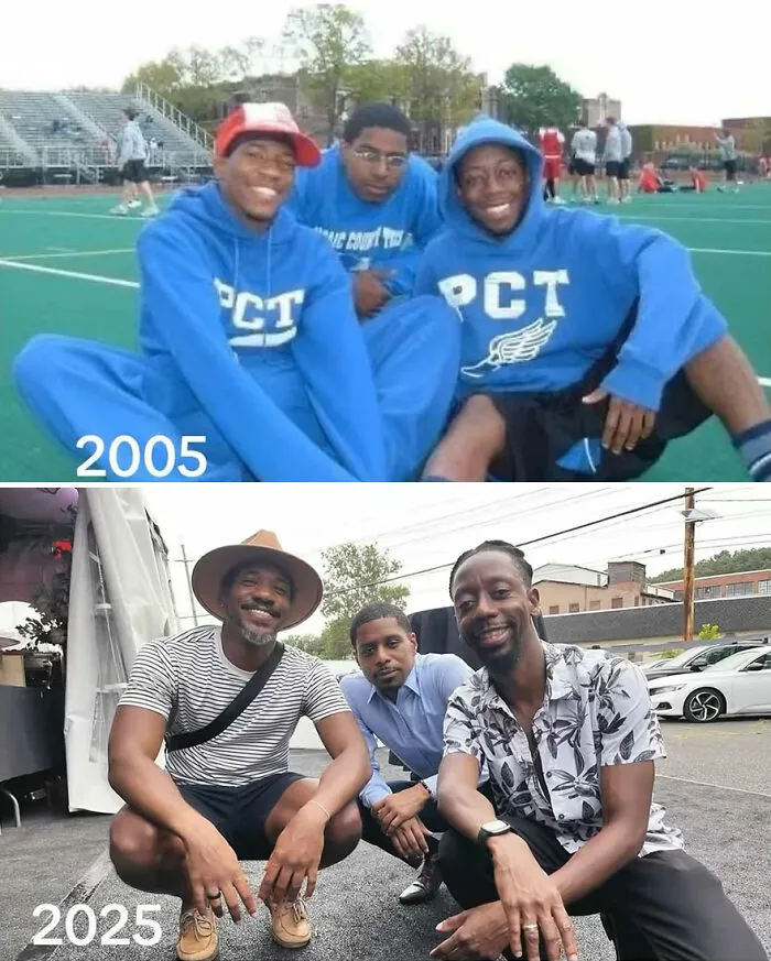 Three men in nostalgic then-and-now photos from 2005 and 2025 showing how time flies and changes friendships.
