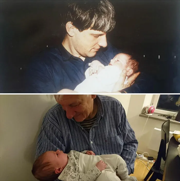 My Dad Holding Me In 1982, And Holding My Daughter In 2016