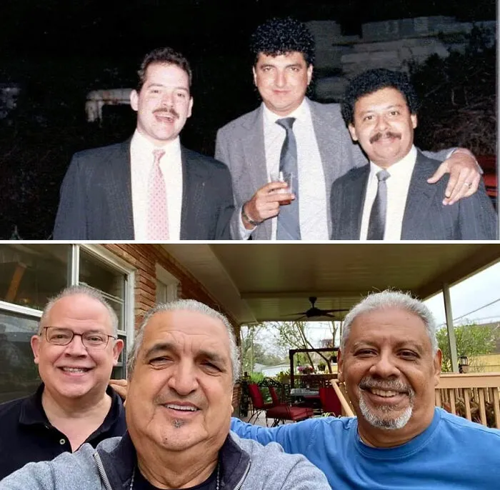 Then-and-now nostalgic photo of three friends showing how time flies over the years, shared by an online community.