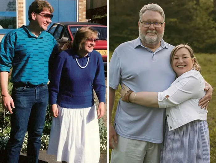 Then-and-now photos showing a couple aging over time, illustrating nostalgia and how time flies in this online community.