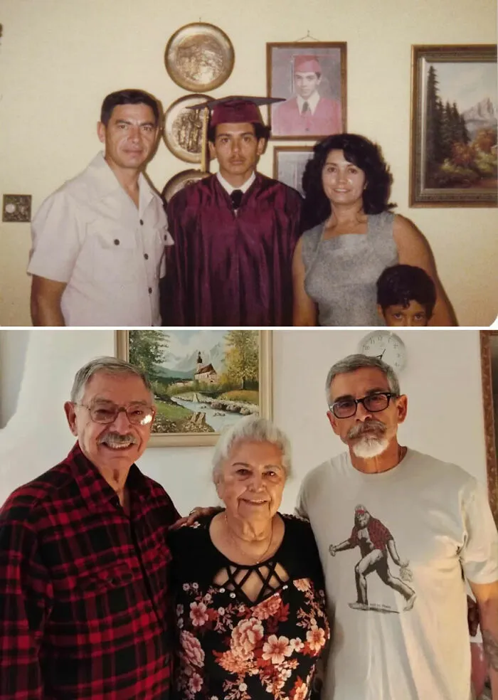 Nostalgic then-and-now photos showing family growth and change, illustrating how time flies through the years.
