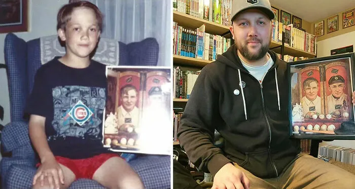 Side-by-side nostalgic then-and-now photo of a man holding a vintage baseball memorabilia showcasing how time flies.