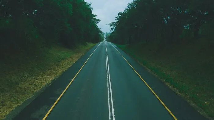 Empty road stretching through dense green trees illustrating then vs now scenarios comparison.