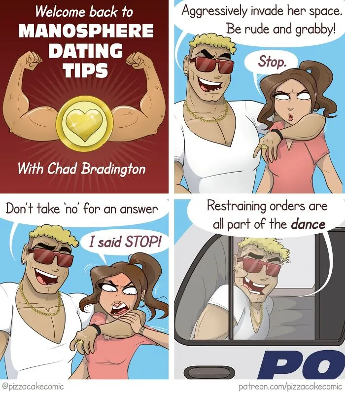 Comic panels showing a funny chaotic dating scene with exaggerated characters in a comic about life and everyday chaos.