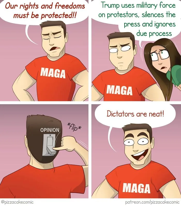 Comic about life and everyday chaos showing a man in a MAGA shirt switching his opinion like a light switch.
