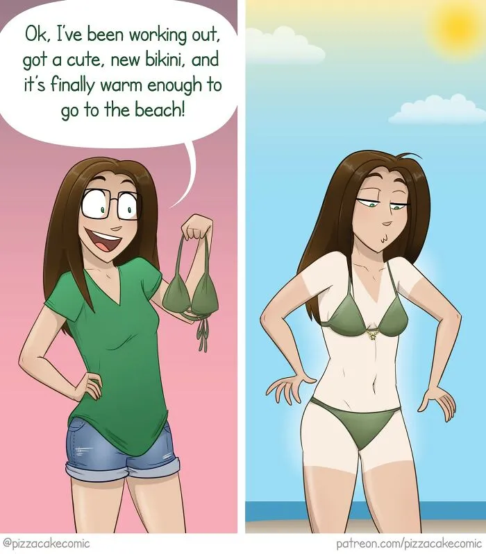 Woman excited about new bikini then disappointed by tan lines, comic about everyday chaos and life humor with cats.