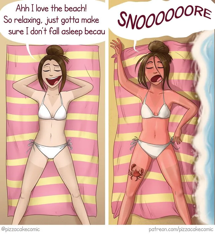 Woman relaxing and then sunburned on the beach in a funny comic about life and everyday chaos.
