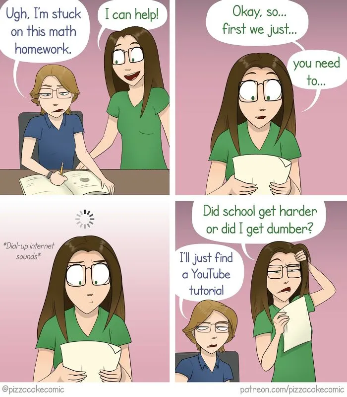 Comic strip showing two women struggling with math homework, reflecting everyday chaos and humor in life and cats.