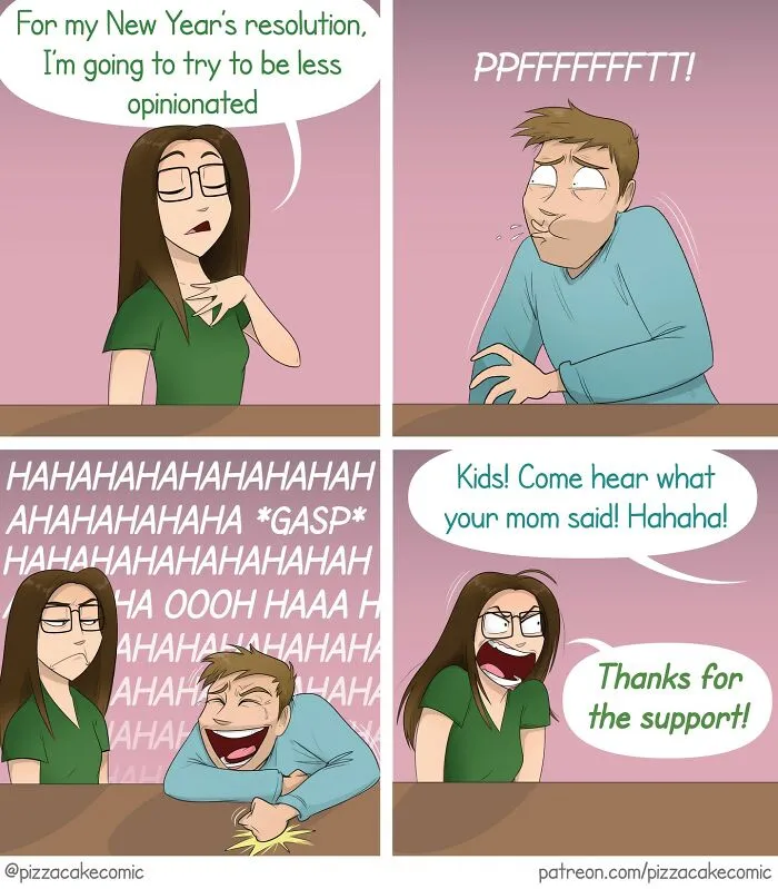 Woman shares New Year's resolution while man bursts out laughing in a funny comic about life and everyday chaos with cats.