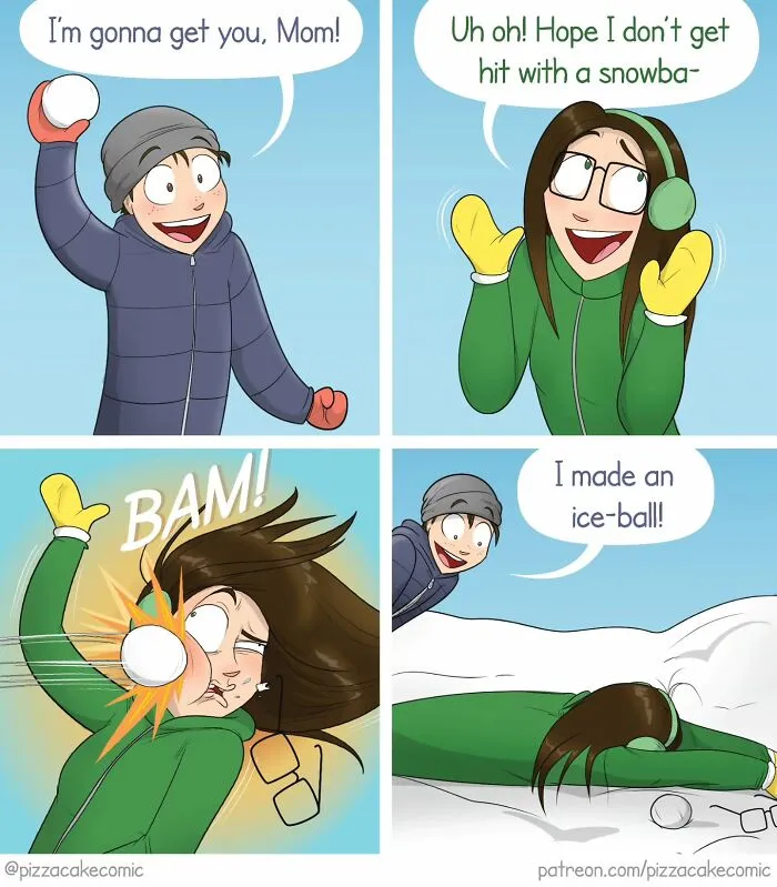 Funny comic showing a child throwing a snowball at their mom, capturing everyday chaos and life moments.