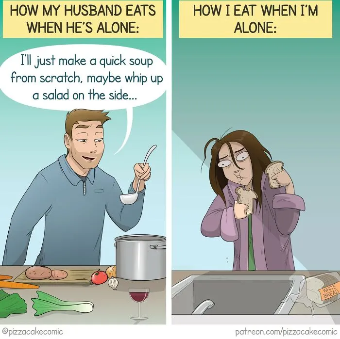 Comic panel showing difference in eating habits alone, highlighting life chaos with humorous contrast and cat comic style.