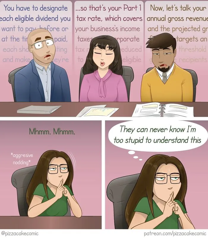 Comic strip about life and everyday chaos showing a woman nodding aggressively while hiding confusion in a meeting.
