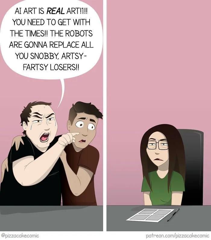 Two people argue about AI art replacing artists while a frustrated woman sits quietly, reflecting everyday chaos in funny comics.