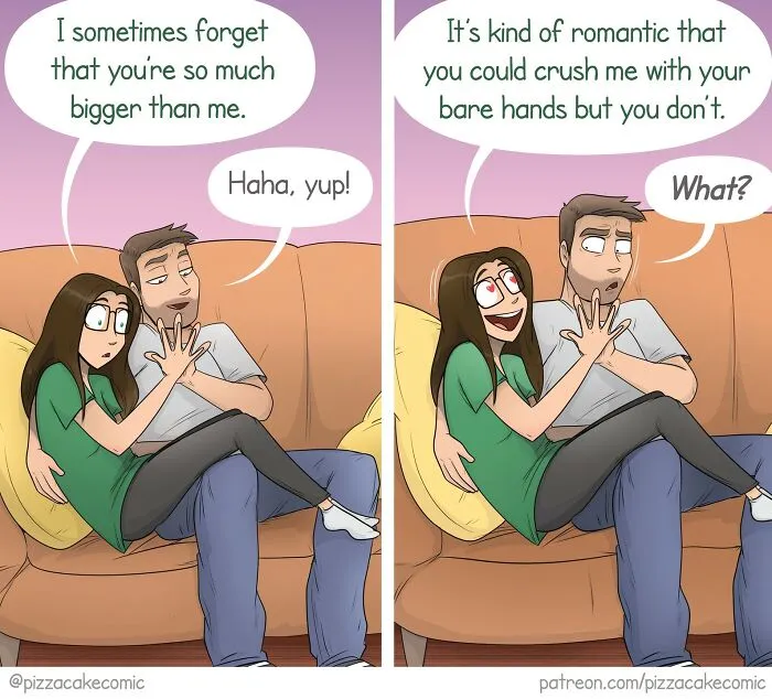 Couple sharing funny comic moments on a couch, highlighting everyday chaos and humorous relationship dynamics.