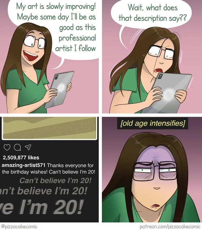 Woman reading art post on tablet, reacting with surprise and frustration, in a funny comic about life and everyday chaos.
