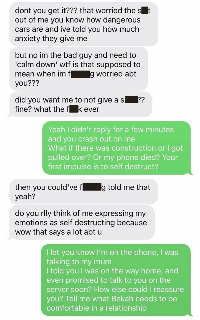 Screenshot of toxic text messages showing emotional manipulation between two people, highlighting toxic behavior in relationships.