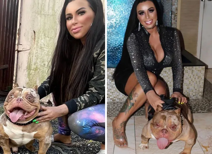 Mujer con mascota bulldog en dos fotos diferentes que muestran momentos reales y espontáneos en Instagram.