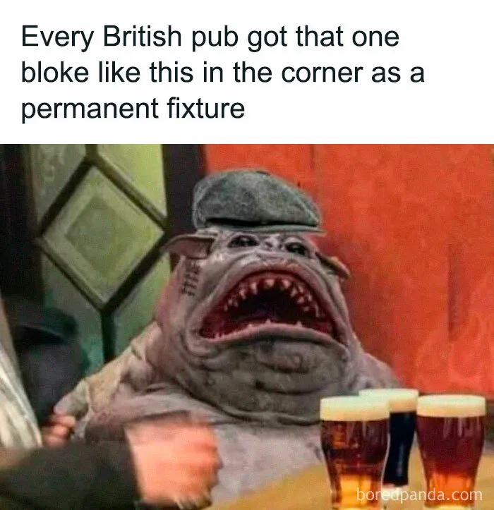 Chaotic British meme showing a creature wearing a flat cap in a pub with multiple pints of beer on the table.