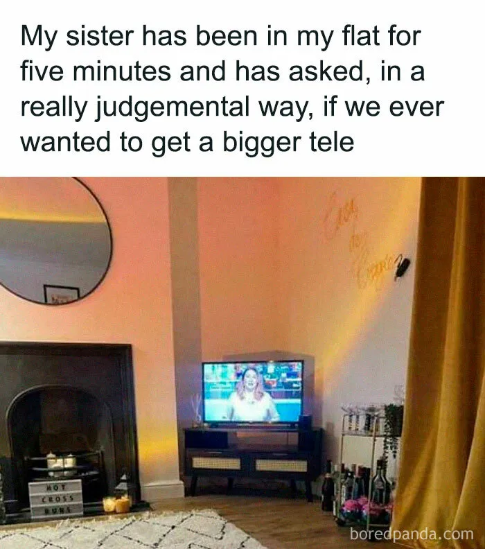 Small TV in a cozy living room with British meme text about wanting a bigger tele from the U.K. humor collection.