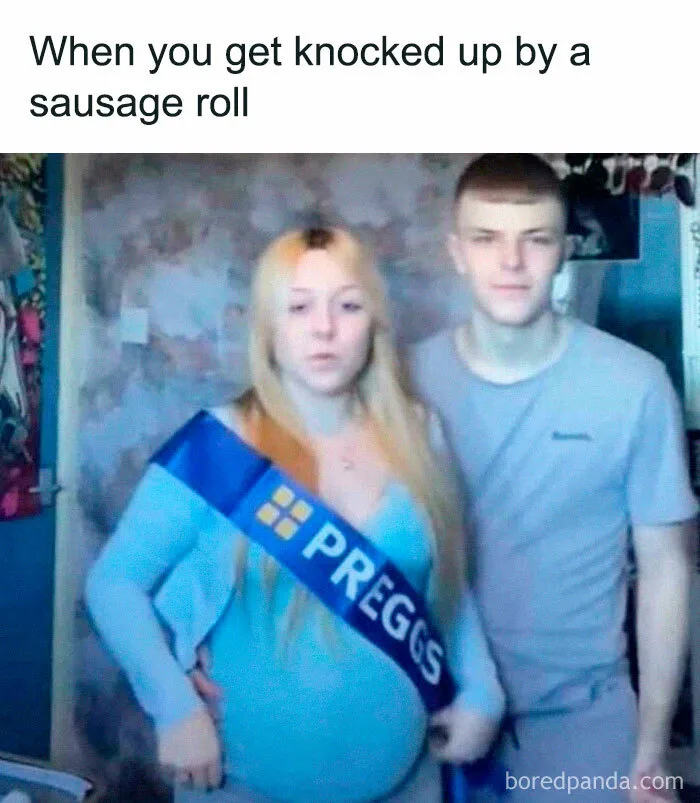Young couple posing with a humorous pregnancy sash in a chaotic British meme about sausage rolls, UK humor style.