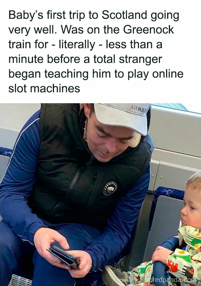 Man teaching baby to play online slot machines on train, a chaotic British meme many from the U.K. might understand
