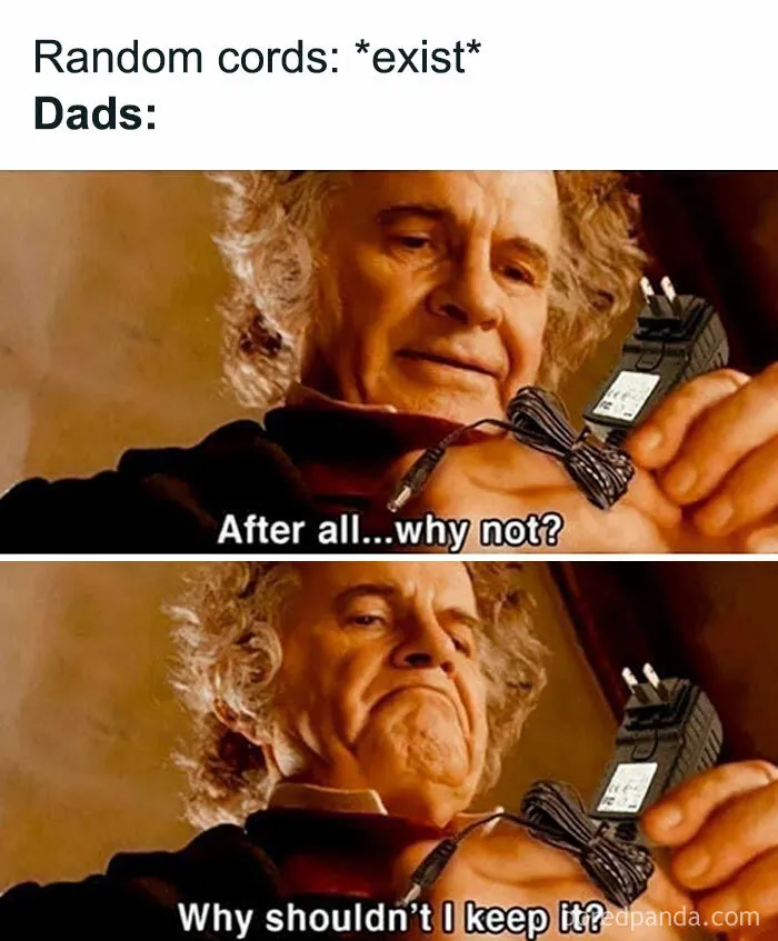 Hilarious Lord of the Rings meme showing a dad humorously deciding to keep random cords with quotes.