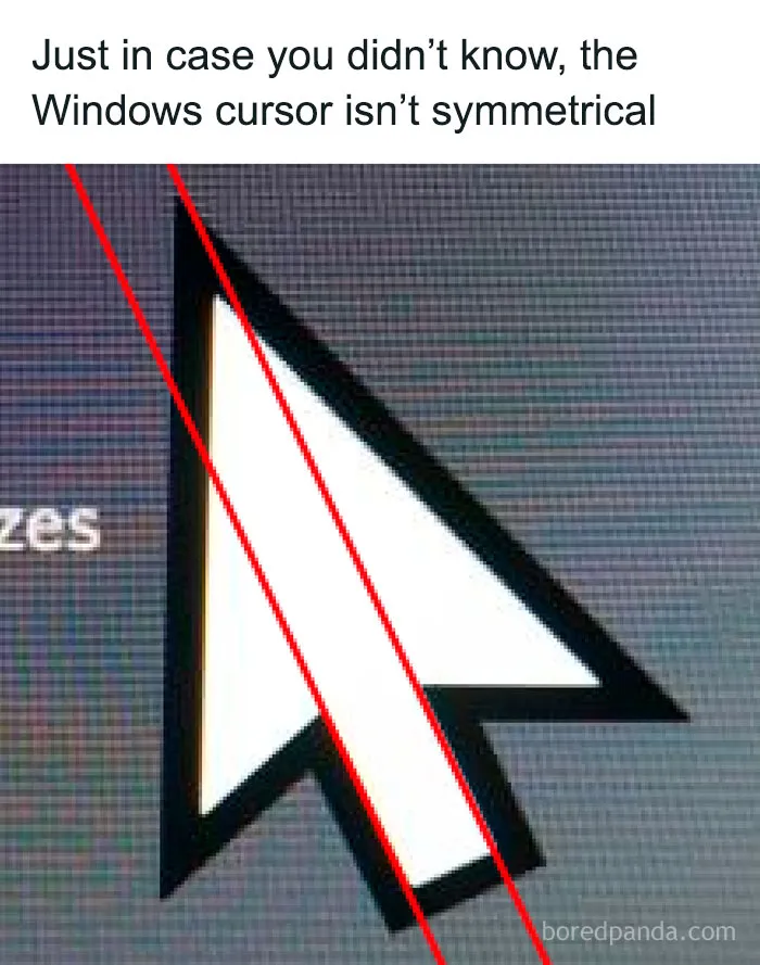Close-up of a Windows cursor with red lines highlighting its asymmetrical shape, part of entertaining posts and memes.