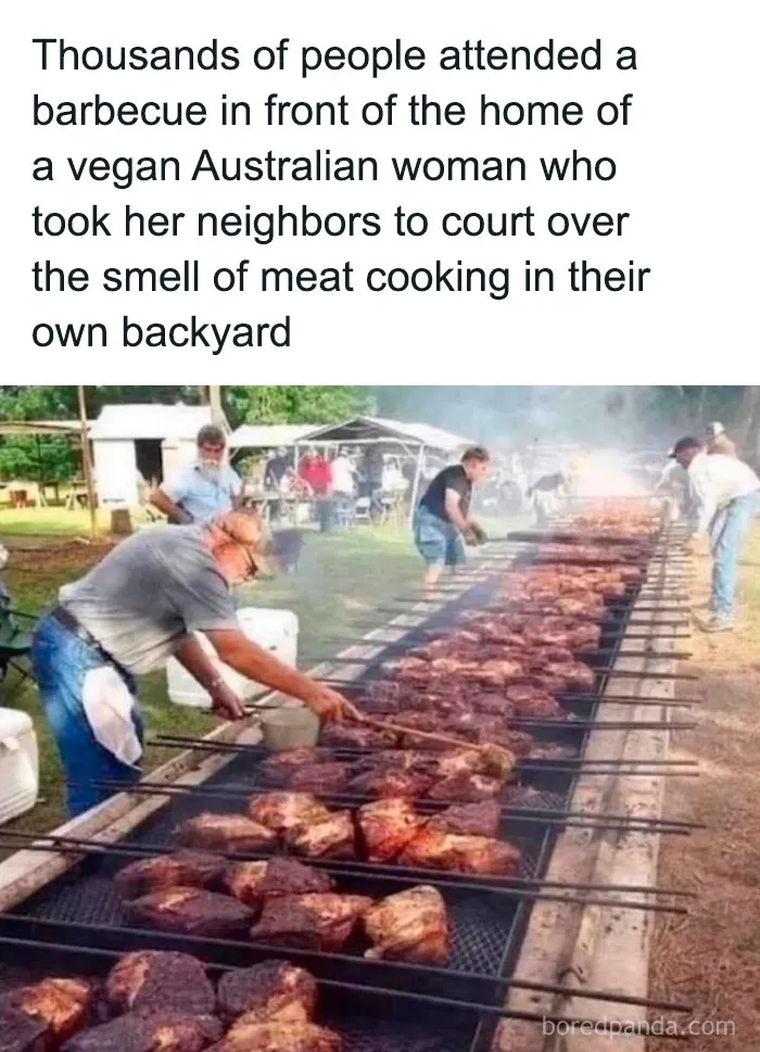 Large outdoor barbecue with many people grilling meat, a humorous post to fight boredom with entertaining content.