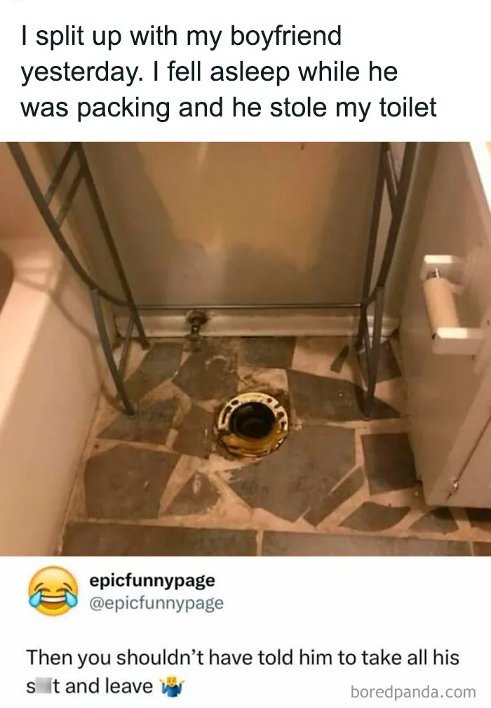 Bathroom floor with toilet removed as part of a funny meme from entertaining posts and memes to fight boredom.