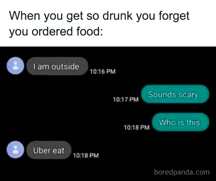 Text meme showing a funny conversation about forgetting food delivery, highlighting entertaining posts and memes to fight boredom.