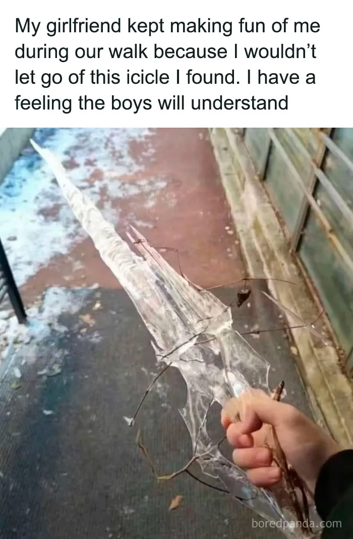 Hand holding a long icicle shaped like a sword, a funny post from entertaining posts and memes to fight boredom.