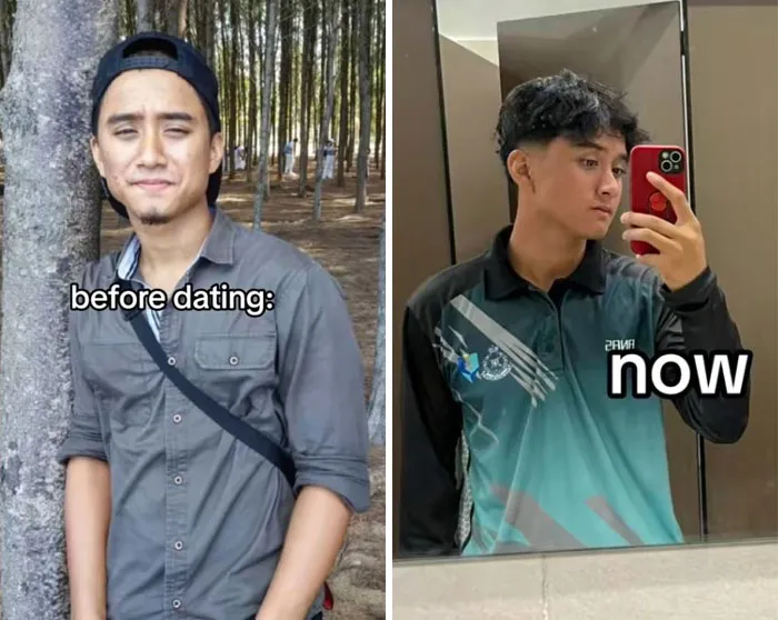Before and after photos of a young man showing a confident glow-up effect after dating, with a casual outdoor and mirror selfie setting.