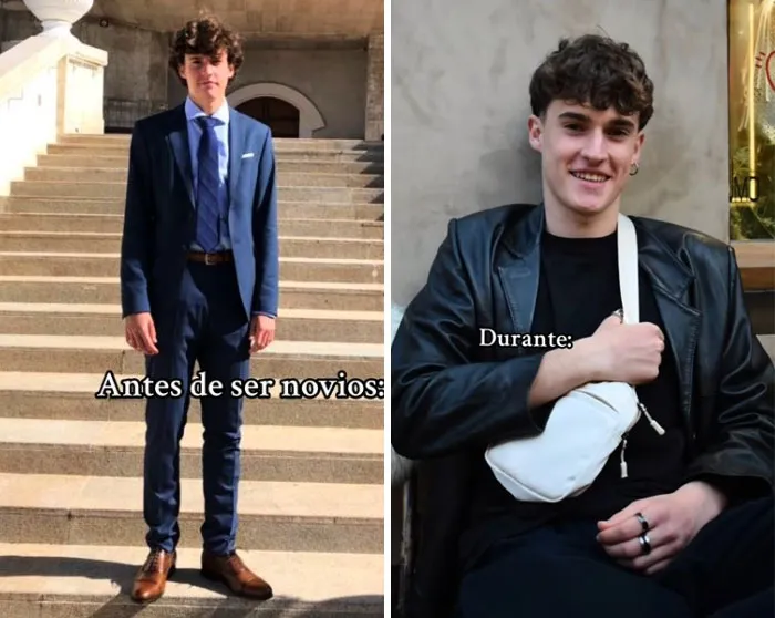 Before and during relationship photos showing the boyfriend’s style change illustrating the girlfriend glow-up effect.