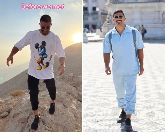 Man showing glow-up transformation with casual streetwear before and after, highlighting the girlfriend glow-up effect.