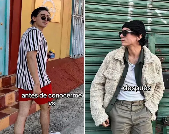 Side-by-side images showing a man’s style glow-up effect before and after with sunglasses and fashionable outfits.