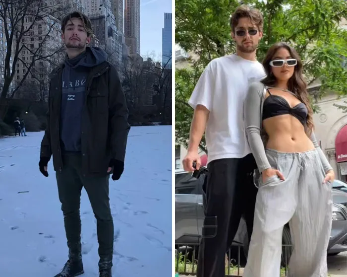 Before and after photos of a woman showing the girlfriend glow-up effect with a stylish and confident look outdoors.