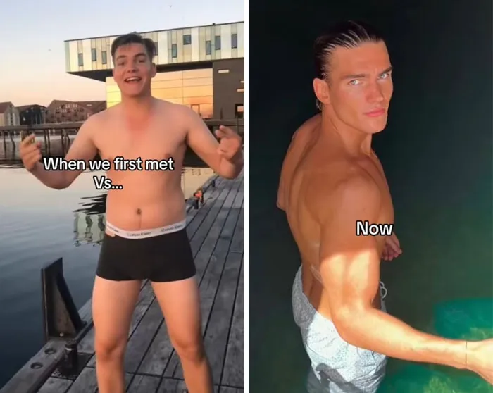 Before and after transformation showing the girlfriend glow-up effect with improved physique and confidence in summer settings.
