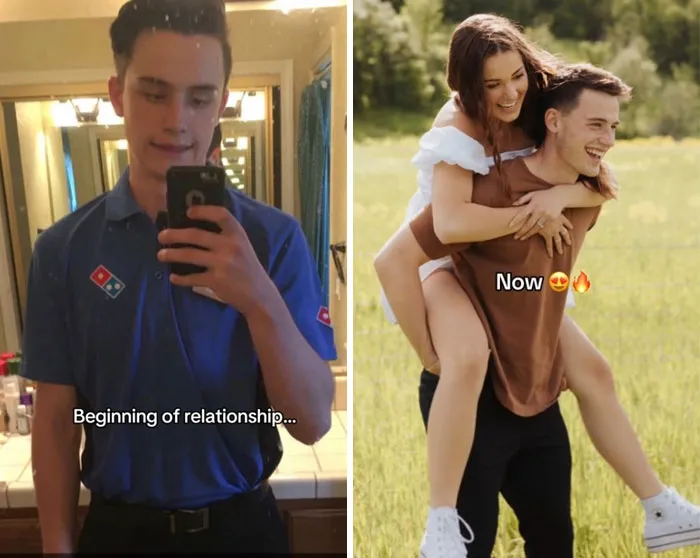 Side-by-side images showing a couple before and after the girlfriend glow-up effect in a playful outdoor setting.