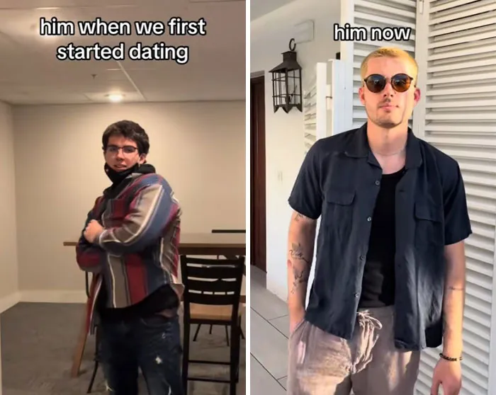 Man showing transformation over time, illustrating the girlfriend glow-up effect with style and confidence changes.
