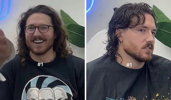 Before and after haircut transformation showing a man glowing up with a fresh hairstyle and trimmed beard.