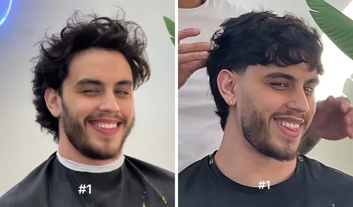 Before and after haircut transformation showing a young man glowing up with a stylish new haircut.