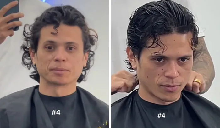 Man with curly hair before and after a haircut transformation showcasing a dramatic glow up and fresh hairstyle change.