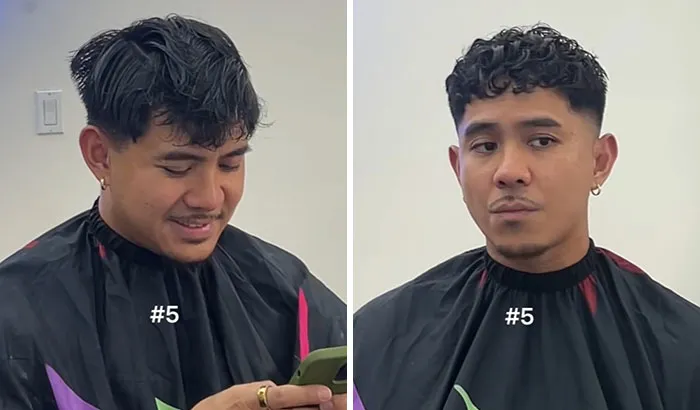 Before and after photos of a man showing a haircut transformation for a glow up with styled curly hair and fresh edges.