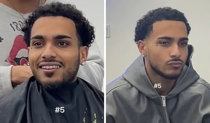 Before and after haircut transformation showing a man’s glow up with a fresh haircut and styled curly hair.