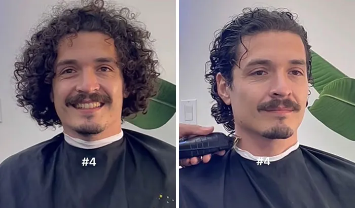Man with curly hair before and after haircut, showing a fresh glow up transformation with styled wet look hair.
