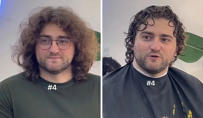 Side-by-side images of a man before and after a haircut showing a dramatic glow up with styled curly hair.