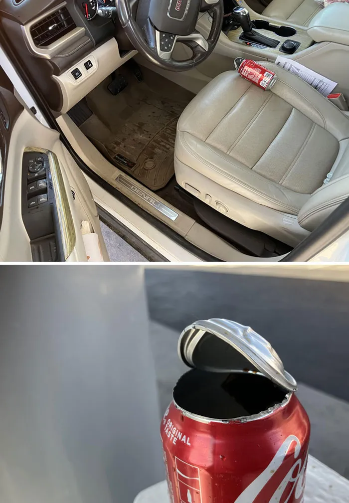Interior de auto con asiento de piel y lata de refresco deformada por las altas temperaturas en olas de calor veraniegas.