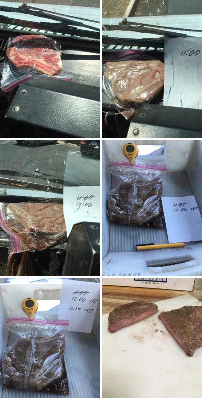 Un cartero cocina un filete en el salpicadero de su camión para mostrar las "inhumanas" condiciones de trabajo durante el calor extremo.