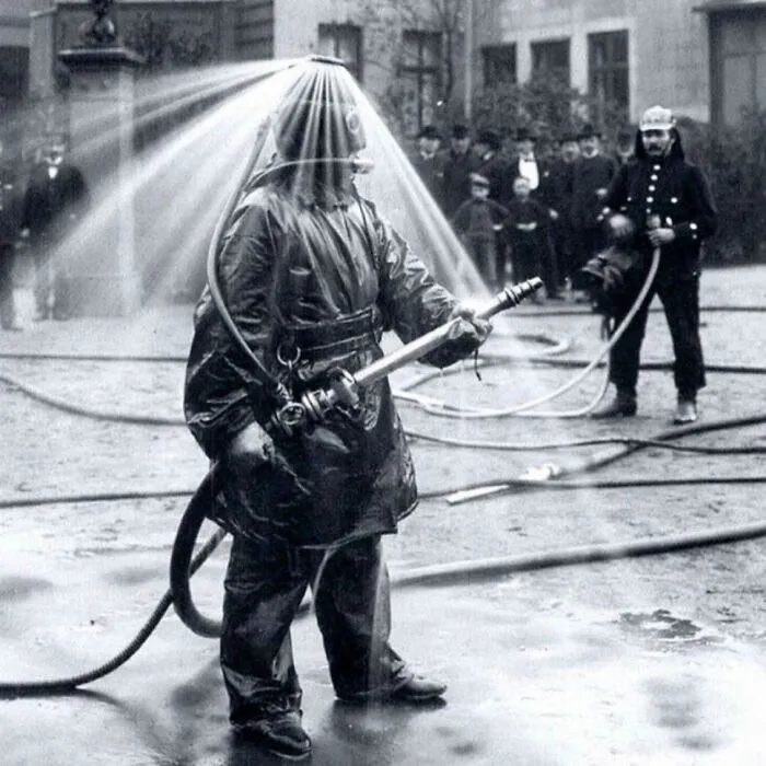 German Fireman Test A New Helmet Invention Ca. 1900